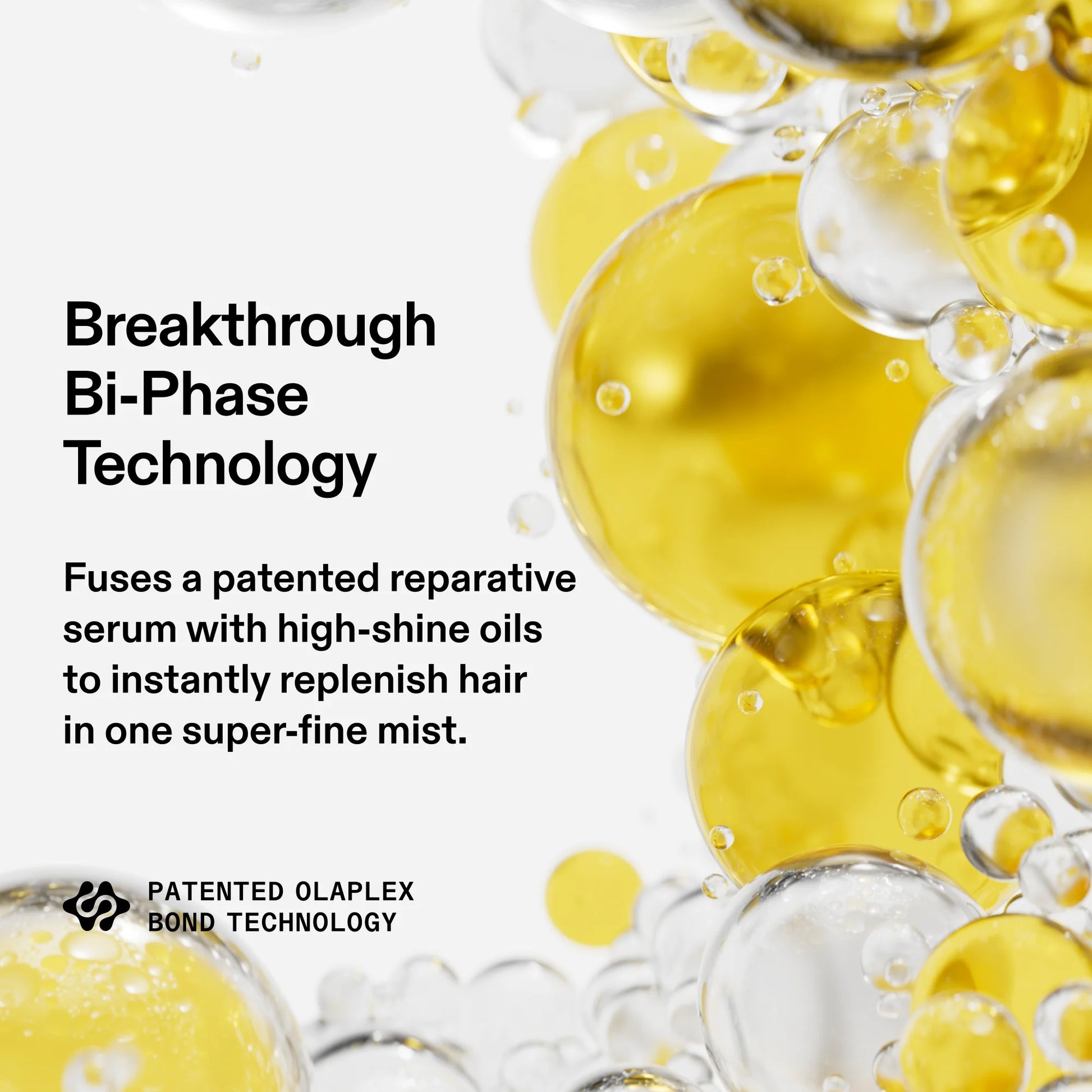 Illustration of Olaplex No.7 Shine Serum Oil Mist bi-phase technology combining reparative serum and lightweight oils for instant shine and hydration.