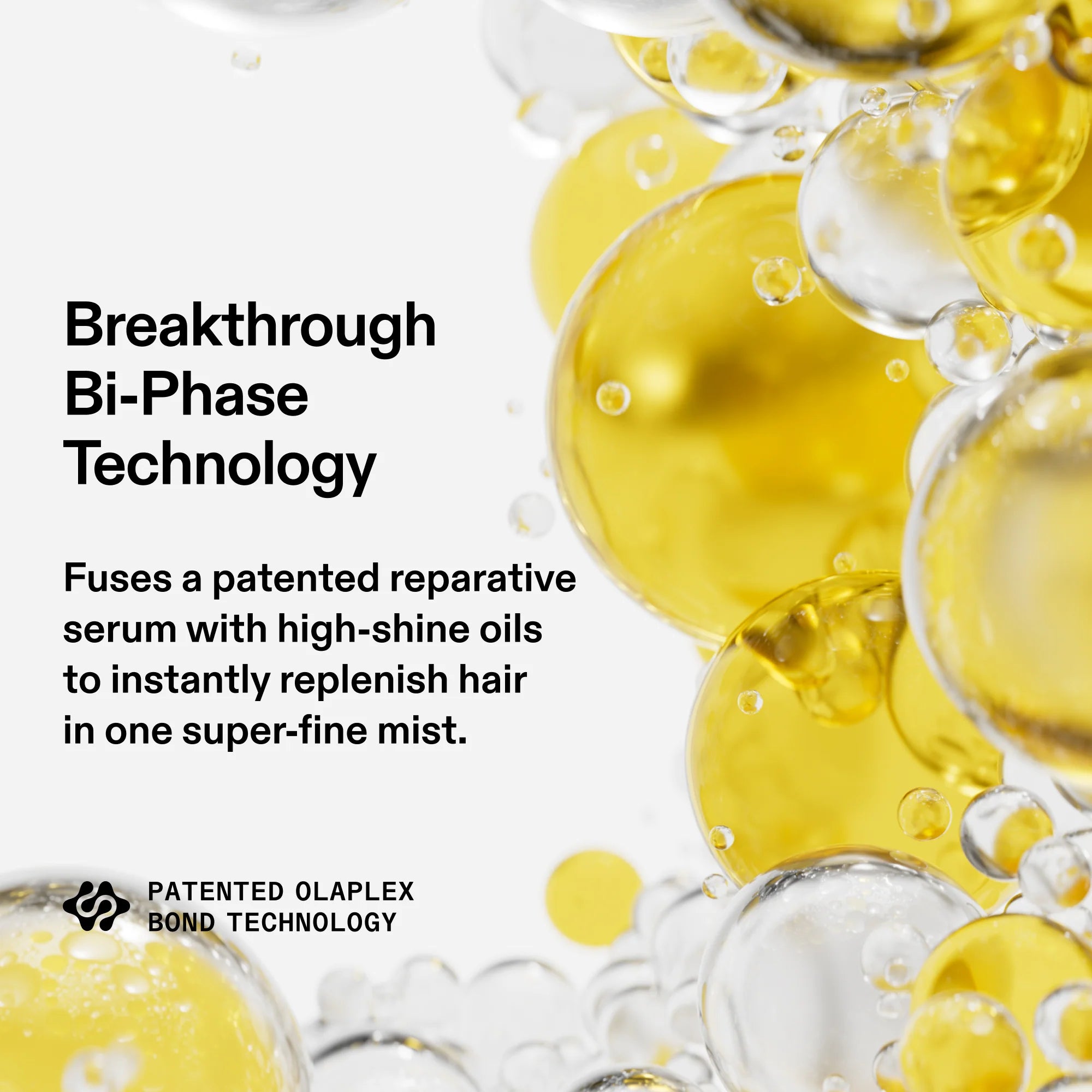 Illustration of Olaplex No.7 Shine Serum Oil Mist bi-phase technology combining reparative serum and lightweight oils for instant shine and hydration.