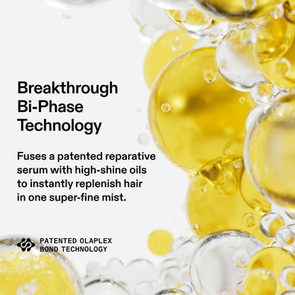 Illustration of Olaplex No.7 Shine Serum Oil Mist bi-phase technology combining reparative serum and lightweight oils for instant shine and hydration.