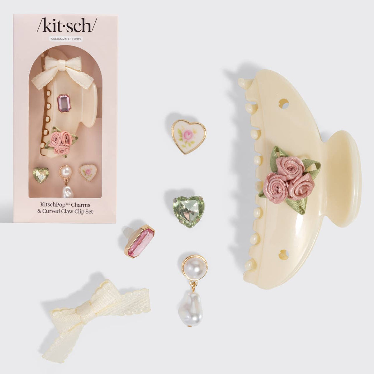 KitschPop™️ Curved Claw Clip 7pc Set Vintage - Pearlized Cream