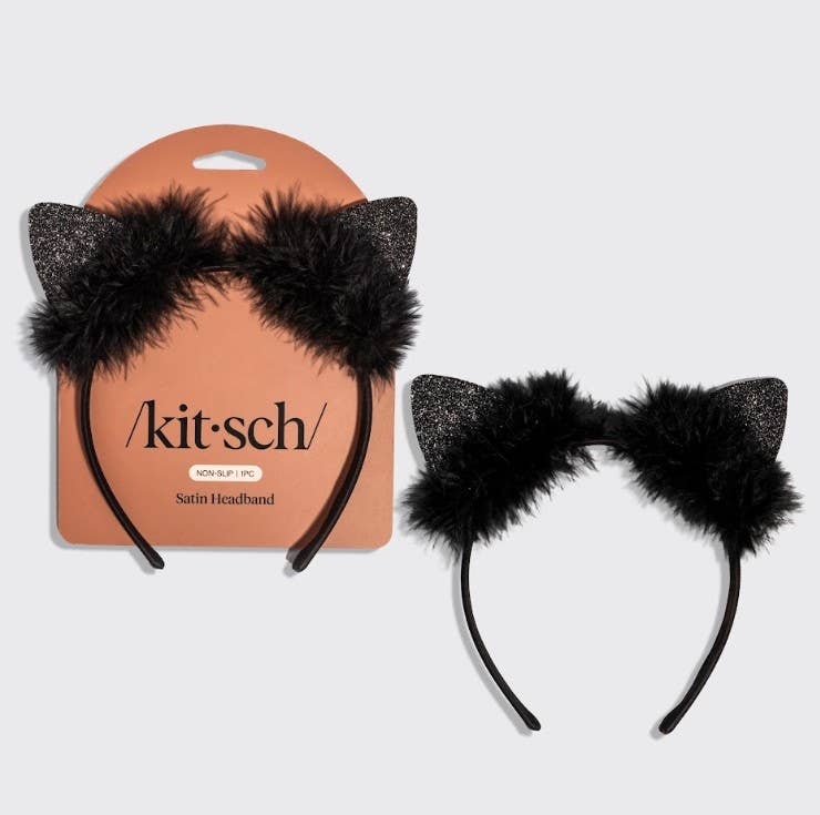 Kitsch Satin Cat Ears Headband - Black Glitter