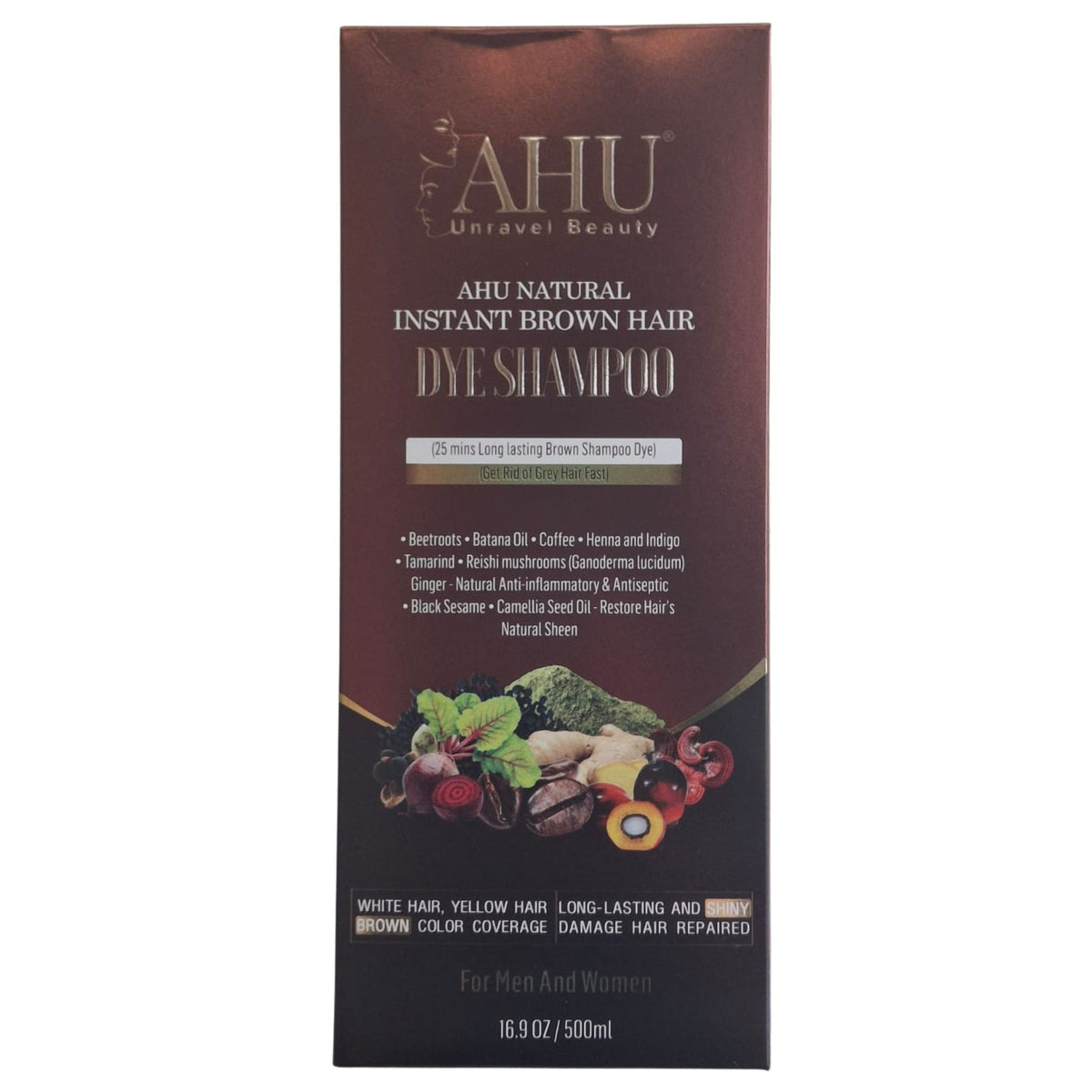 AHU Natural Instant Dye Shampoo 500ml Brown 