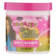 Container of African Pride Dream Kids Olive Miracle Quick Bounce Detangling Pudding with a young girl featuring naturally curly hair on the label.