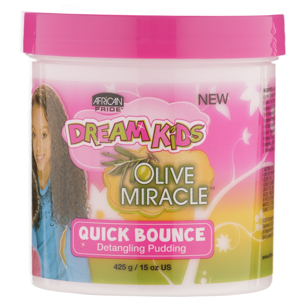 Container of African Pride Dream Kids Olive Miracle Quick Bounce Detangling Pudding with a young girl featuring naturally curly hair on the label.