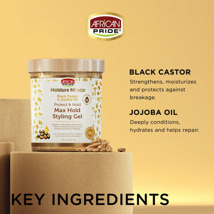 African Pride Moisture Miracle Black Castor &amp; Jojoba Oil Max Hold Styling Gel 18oz
