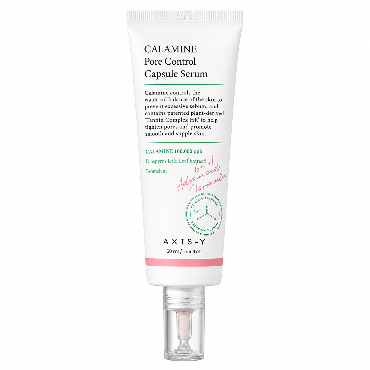 axis-y calamine pore control capsule serum 50ml tube with calamine, diospyros kaki leaf extract and bromelain on a white background