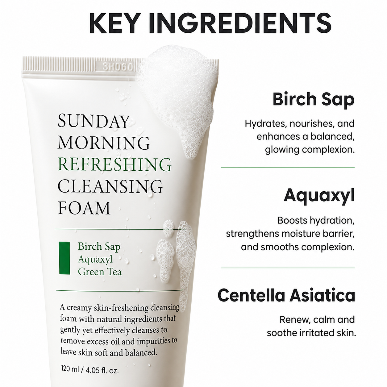 AXIS-Y Sunday Morning Refreshing Cleansing Foam 120ml key ingredients infographic