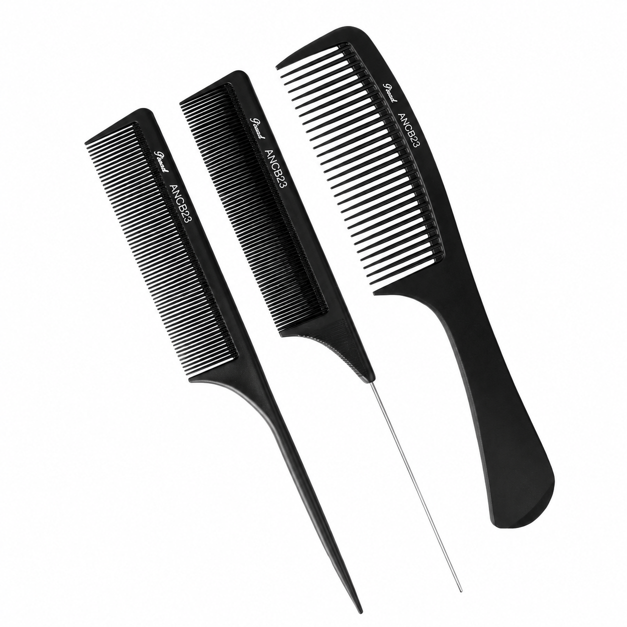 Absolute New York Professional Carbon Comb Set Pinccat Carbon Comb 23 three piece heat resistant carbon comb set available at Kiyo Beauty