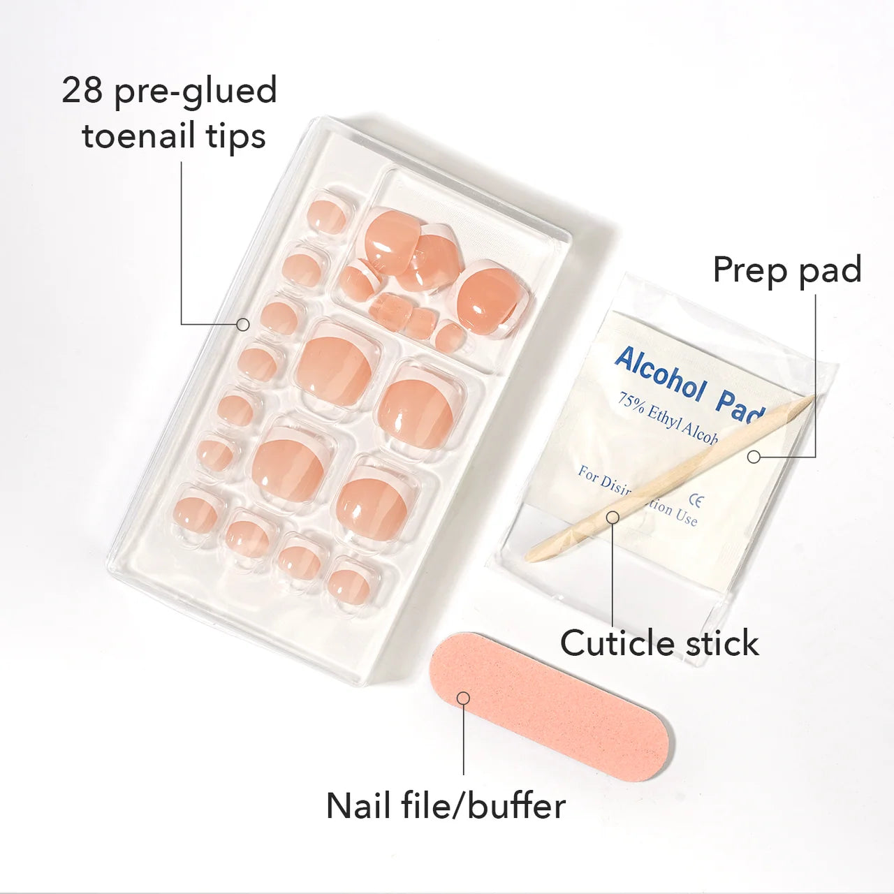 Ebin New York Mood Too Classy Pre-Glued Toenails kit showing 28 press-on toenail tips, alcohol prep pad, cuticle stick and nail file buffer for easy at-home application.
