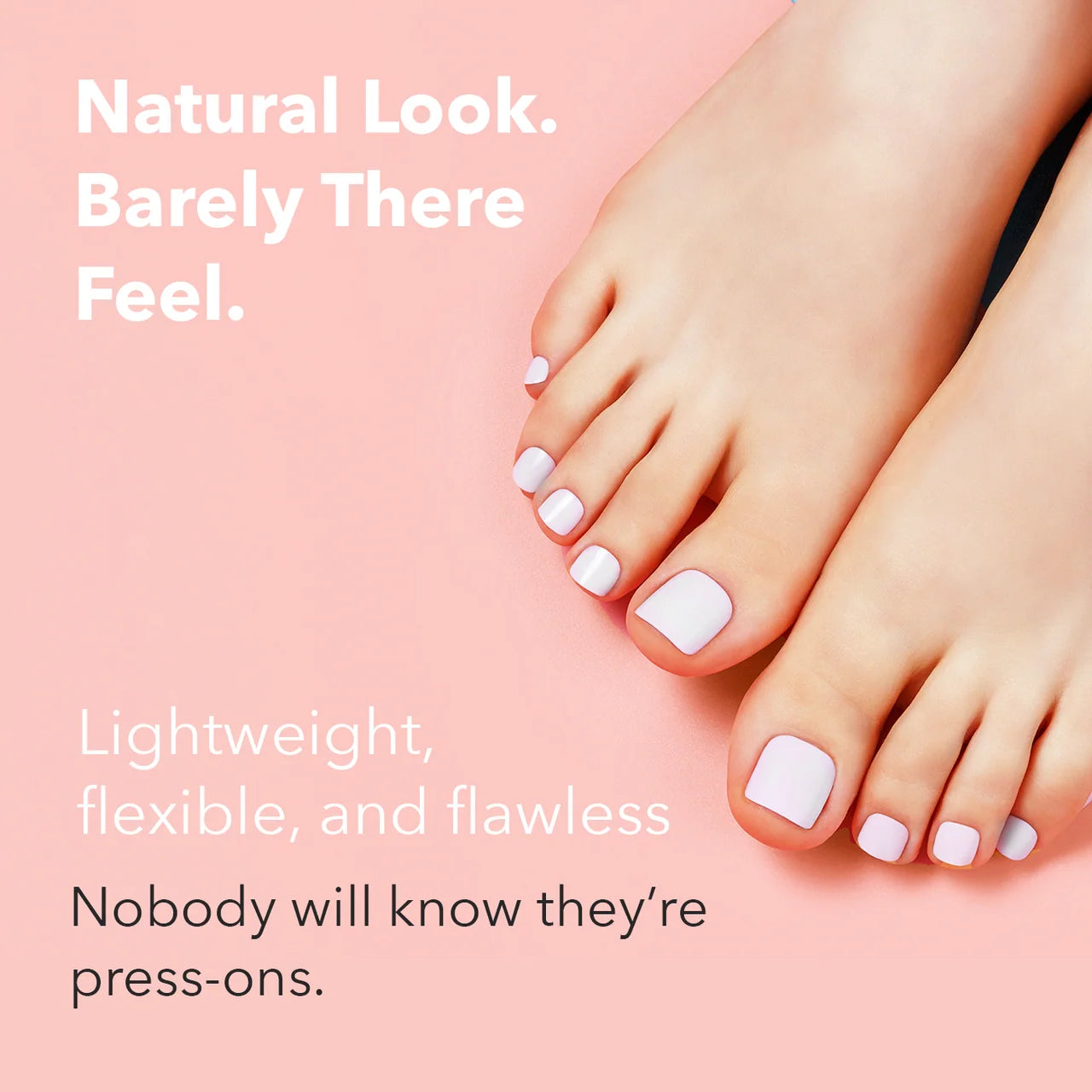 Ebin New York Mood Too Classy pre-glued press-on toenails applied on feet with a natural pink finish, lightweight flexible design and salon-quality appearance.
