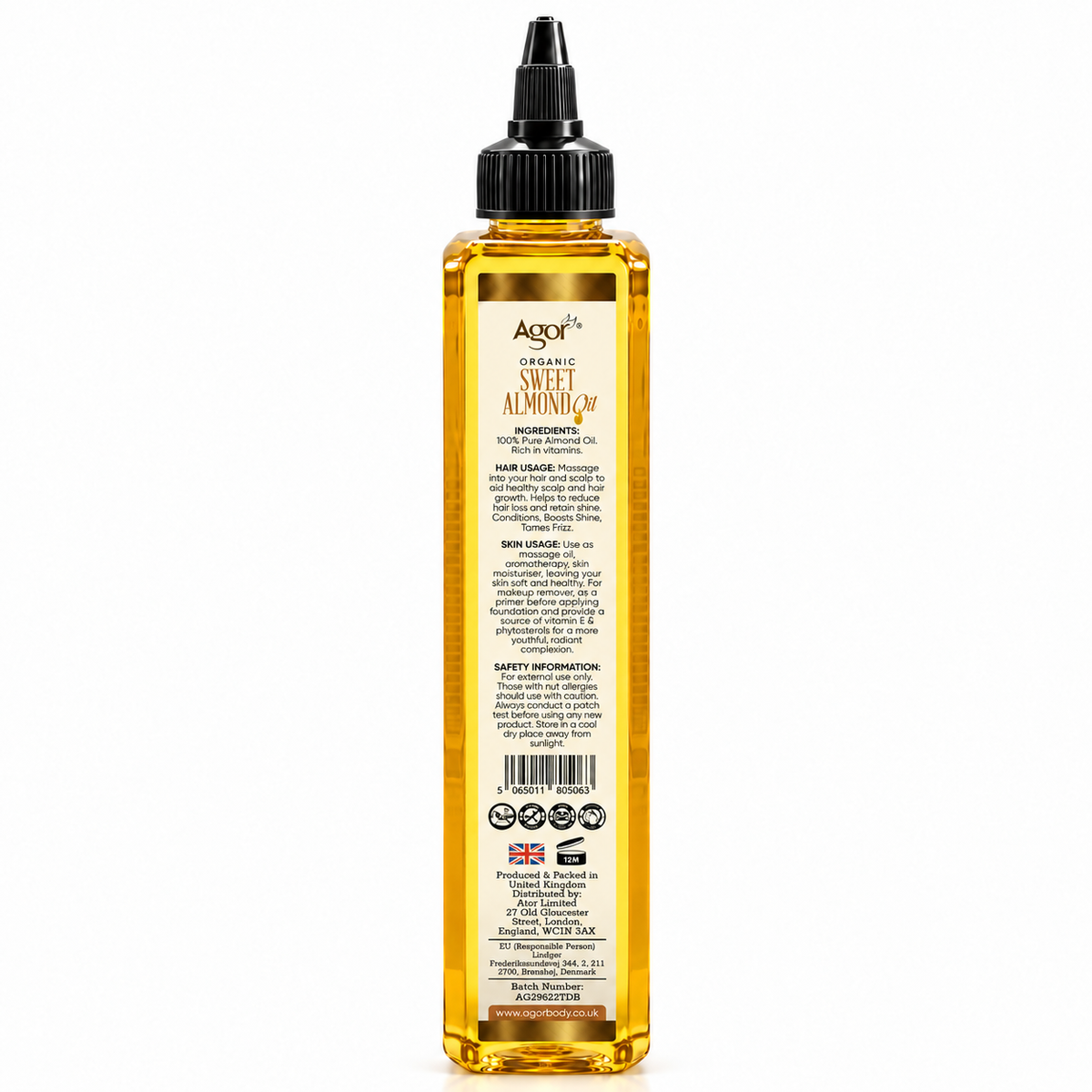 Agor Organic Sweet Almond Oil For Hair & Body 250ml