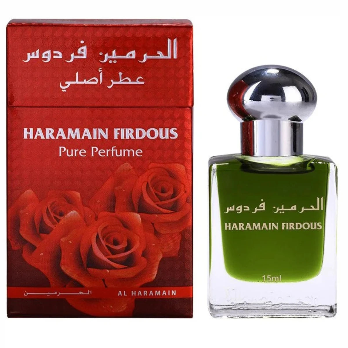 Al Haramain Firdous Pure Perfume 15ml green fragrance oil bottle with silver cap, displayed beside its red rose-design box