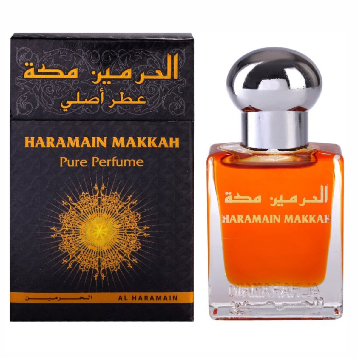 Al Haramain Makkah Pure Perfume oil in a clear glass bottle with silver cap, displayed beside its black and gold presentation box
