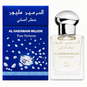Al Haramain Million Pure Perfume 15ml clear glass bottle with silver cap, displayed beside its blue diamond-design presentation box