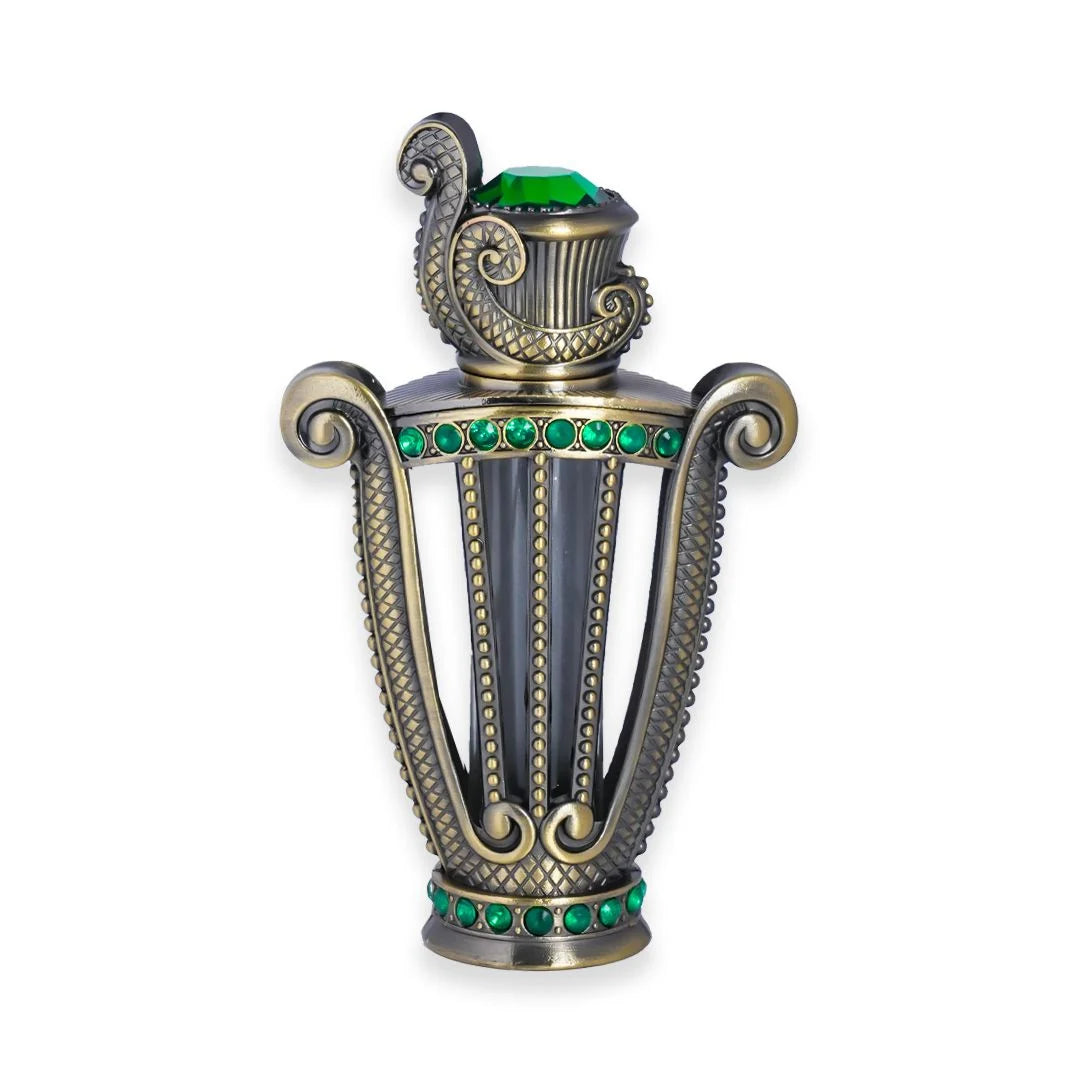 Al Haramain Solitaire Musk Concentrated Perfume Oil 12ml in an ornate antique-gold bottle decorated with green gemstones