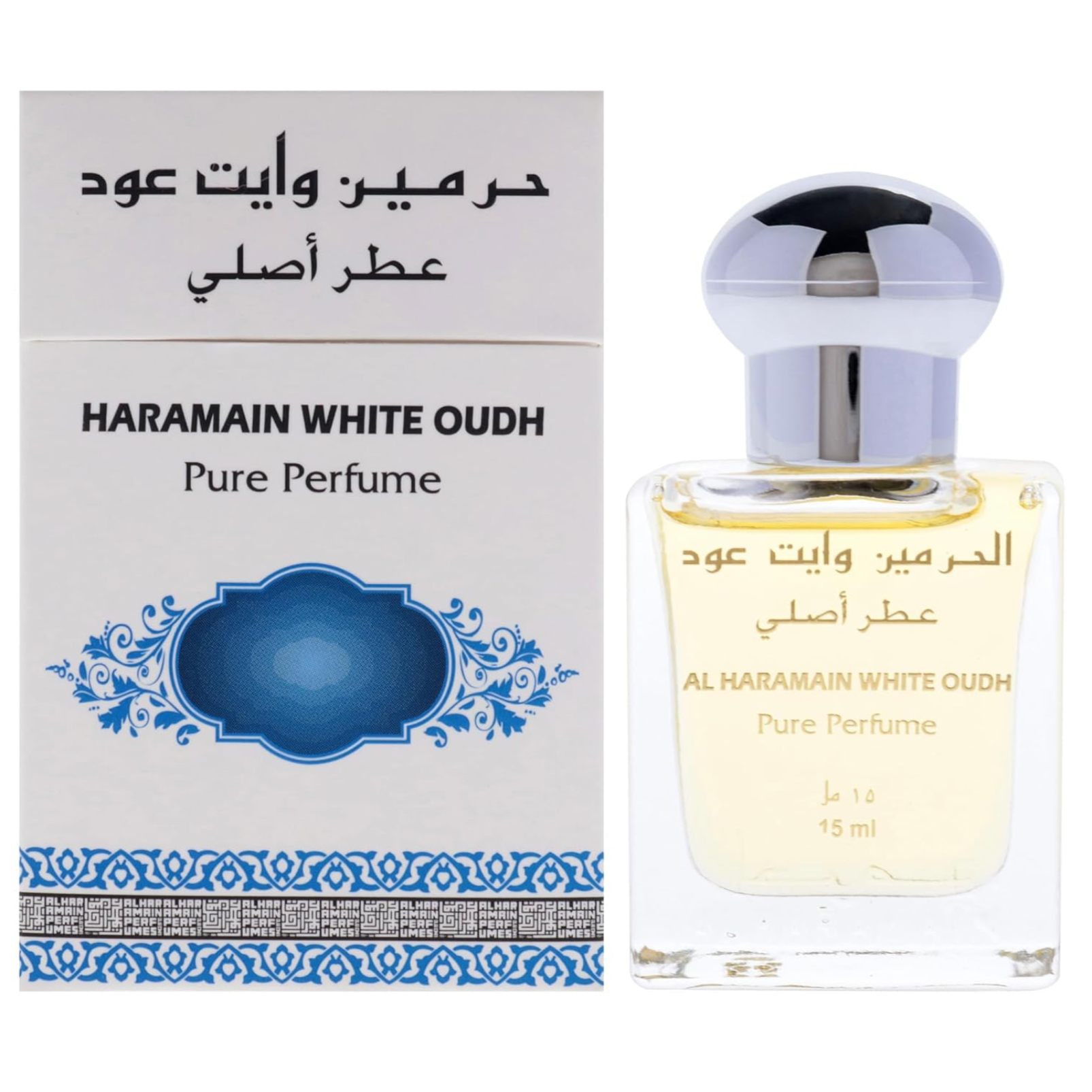 Al Haramain White Oudh Pure Perfume Roll-On 15ml clear glass bottle with silver cap, displayed beside its white and blue Arabic-design box