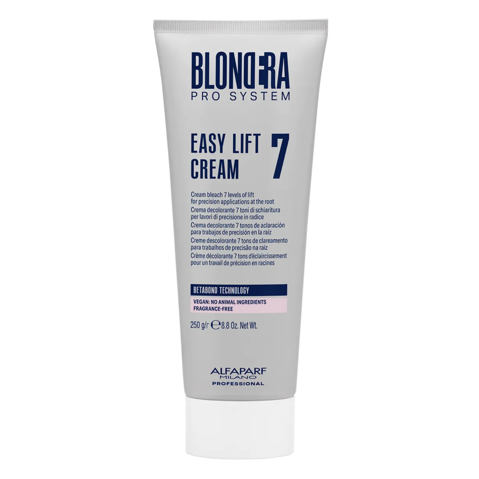 Front view of Alfaparf Milano Blondera Pro System Easy Lift Cream 7 Levels 250g tube, a vegan fragrance-free cream bleach with Betabond Technology for precise root lightening