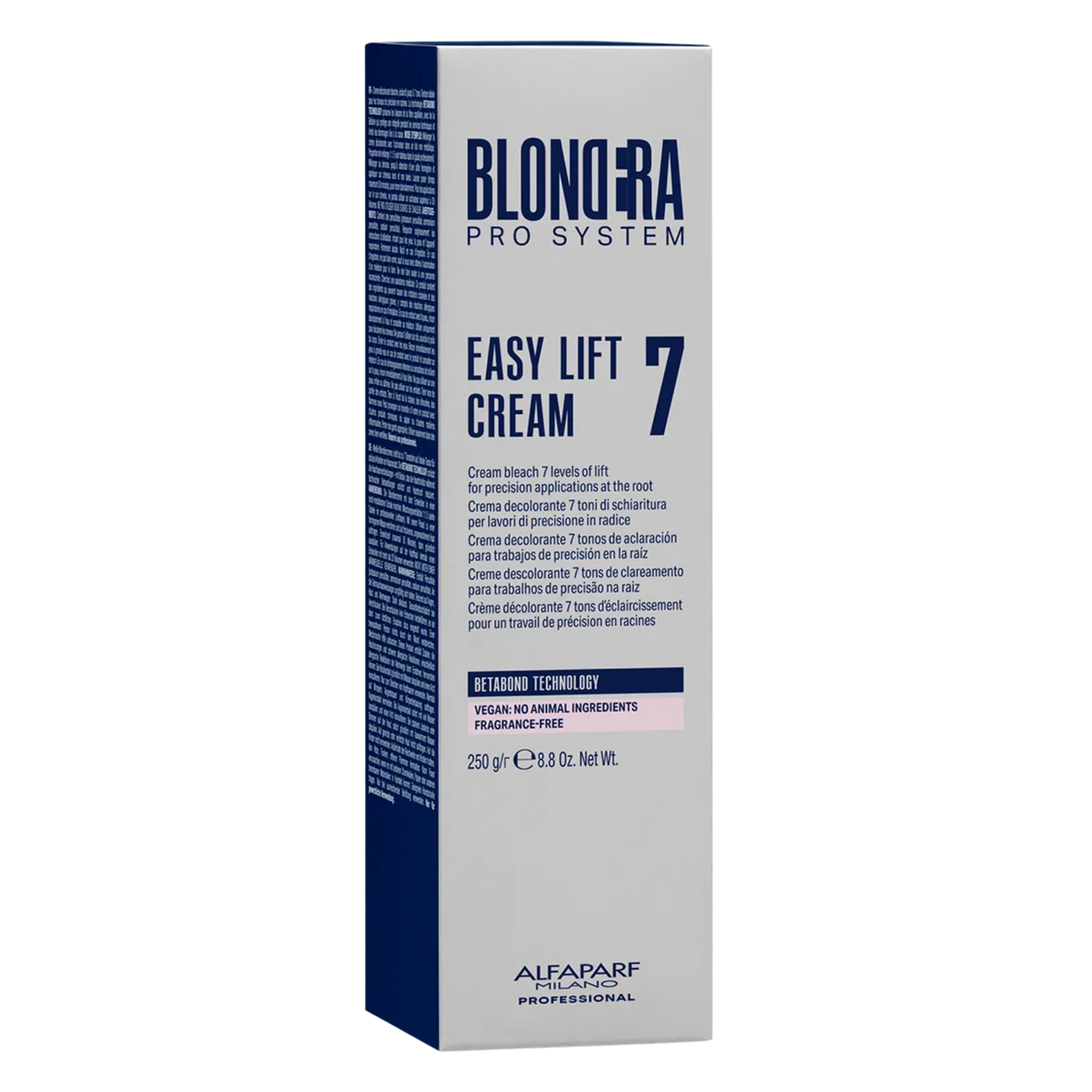 Alfaparf Milano Blondera Pro System Easy Lift Cream 7 Levels 250g retail box, offering up to seven levels of lift for precision root applications
