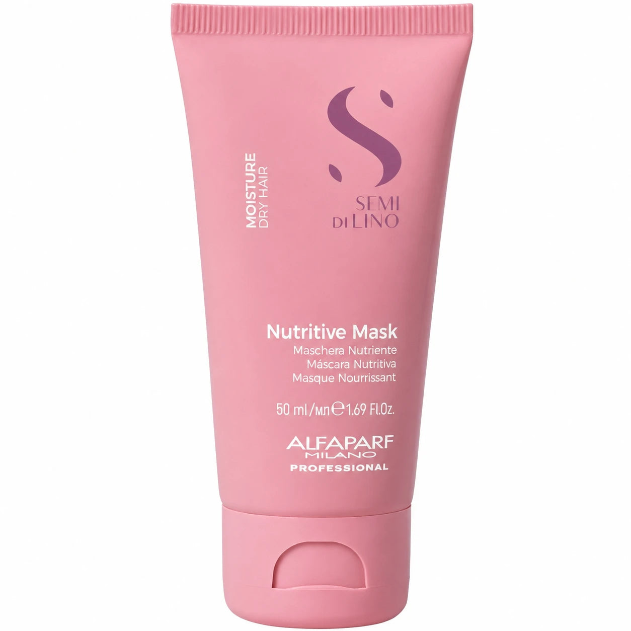 Alfaparf Milano Semi Di Lino Moisture Nutritive Mask 50ml in a pink tube, displayed on a clean white background. Professional deep conditioning hair mask that hydrates, nourishes and restores softness to dry, dehydrated hair.
