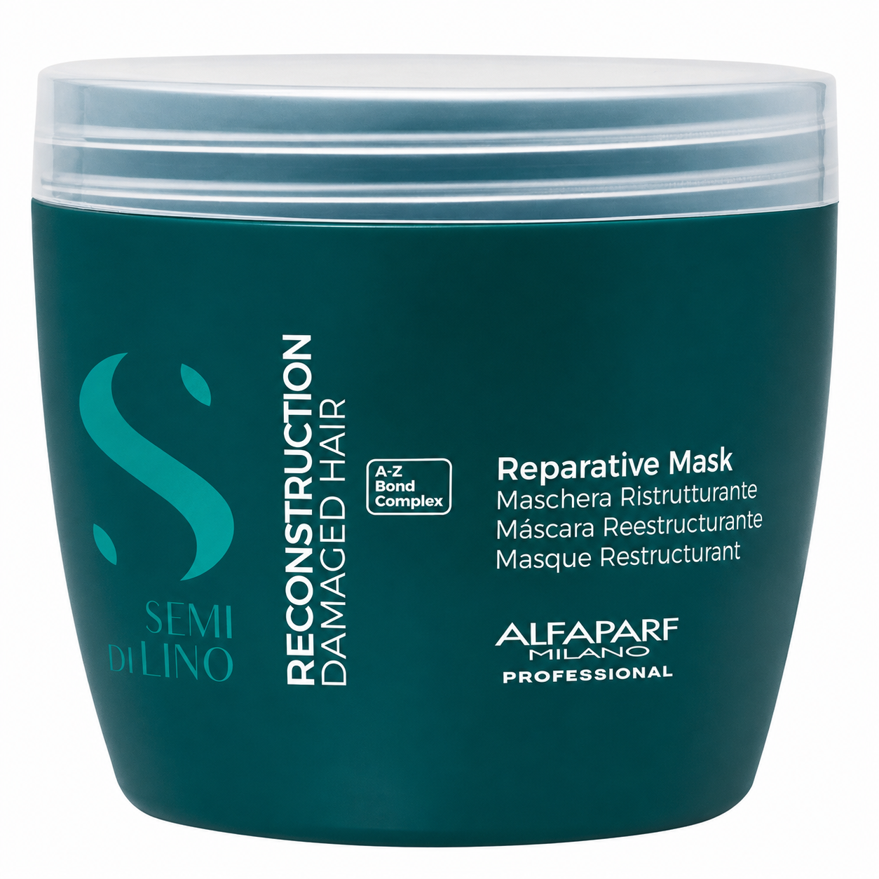 Alfaparf Milano Semi di Lino Reconstruction Reparative Mask 500ml in a dark green tub, displayed on a clean white background. Professional intensive hair treatment with A-Z Bond Complex to strengthen, repair and restore damaged hair.