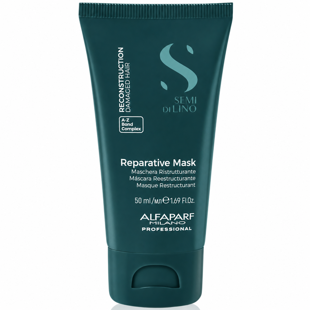 Alfaparf Milano Semi di Lino Reconstruction Reparative Mask 50ml in a dark green tube, displayed on a clean white background. Professional repairing hair mask with A-Z Bond Complex that helps strengthen, nourish and restore damaged hair.