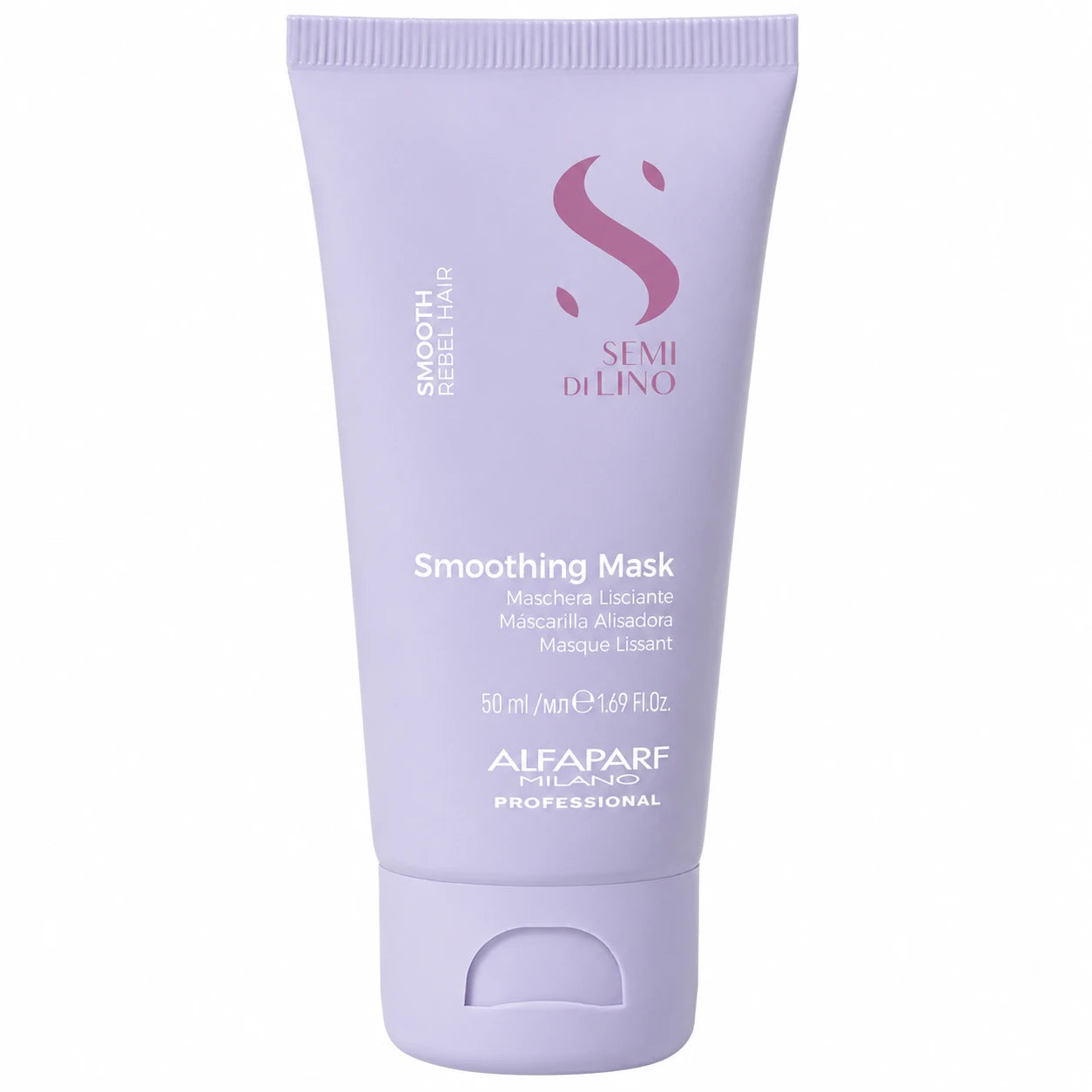 Alfaparf Milano Semi di Lino Smooth Smoothing Mask 50ml in a lavender tube, displayed on a clean white background. Professional anti-frizz hair mask that smooths, softens and controls unruly hair while enhancing shine and manageability.