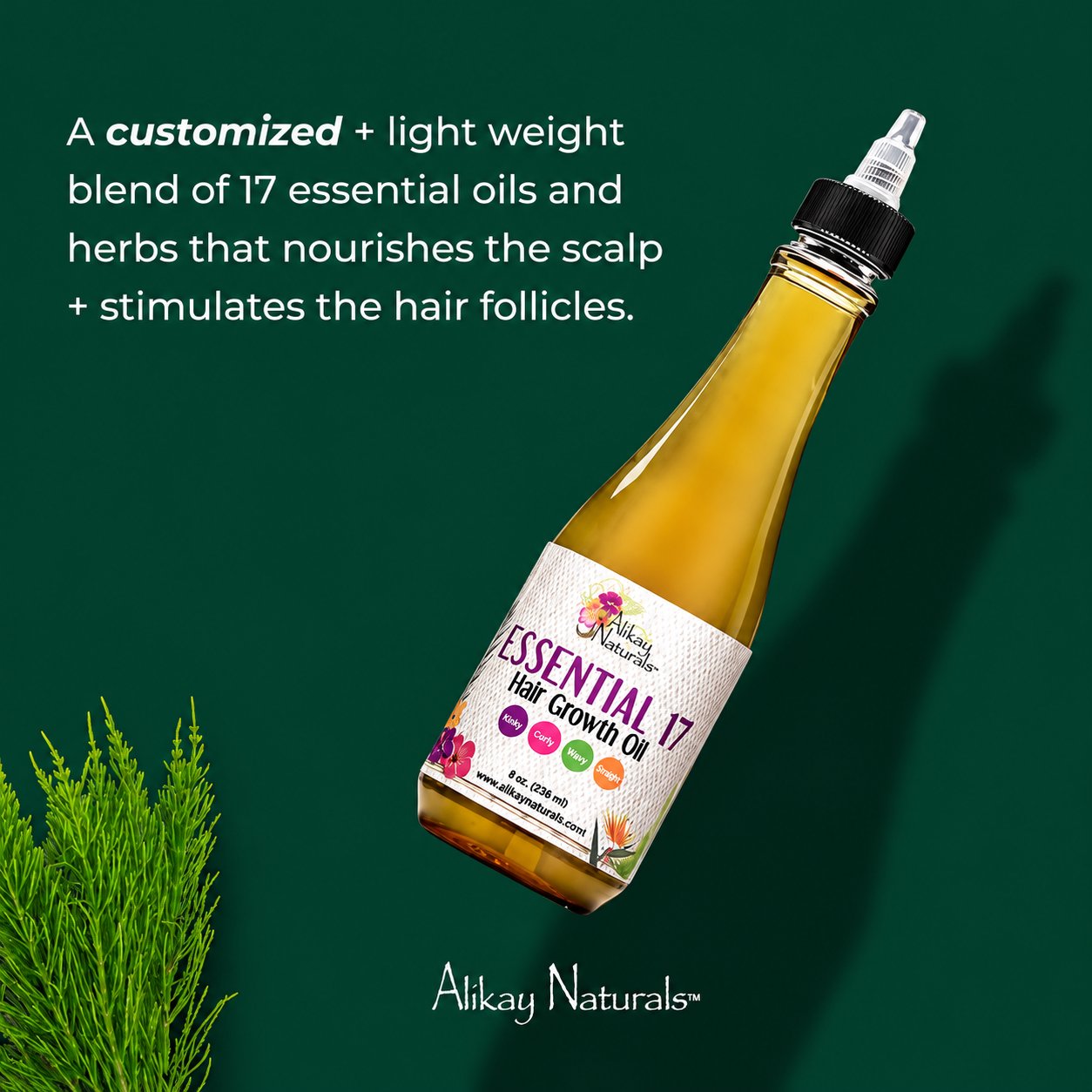 Alikay Naturals Essential 17 Hair Growth Oil 236ml with 17 essential oils and herbs to nourish the scalp, promote healthy hair growth and strengthen hair