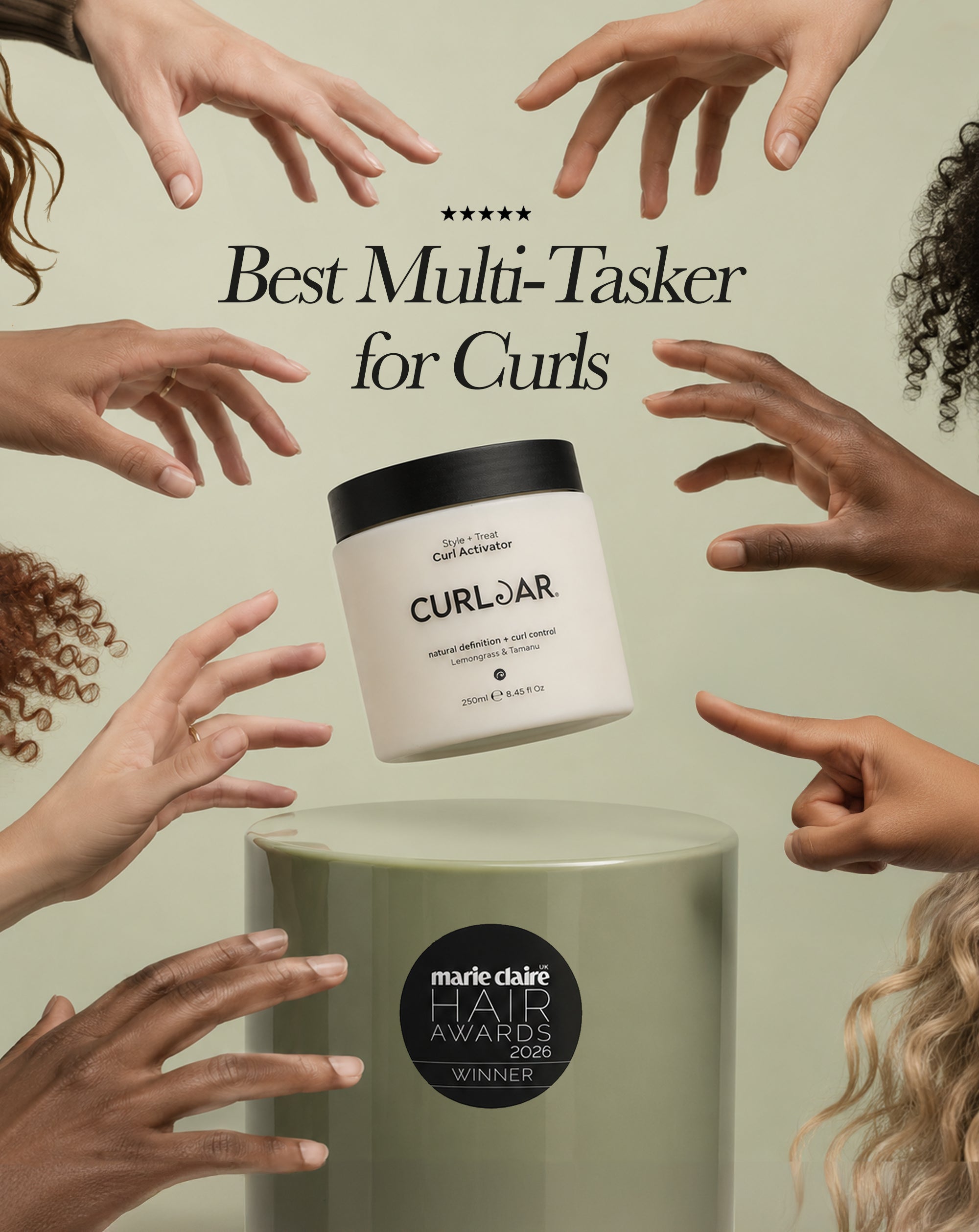 A jar of Curlr hair product floating above a pedestal, surrounded by multiple hands reaching toward it against a pale green background. Large text reads 'Best Multi-Tasker for Curls,' and a circular badge on the pedestal says 'mark & clare hair awards 2024 winner.