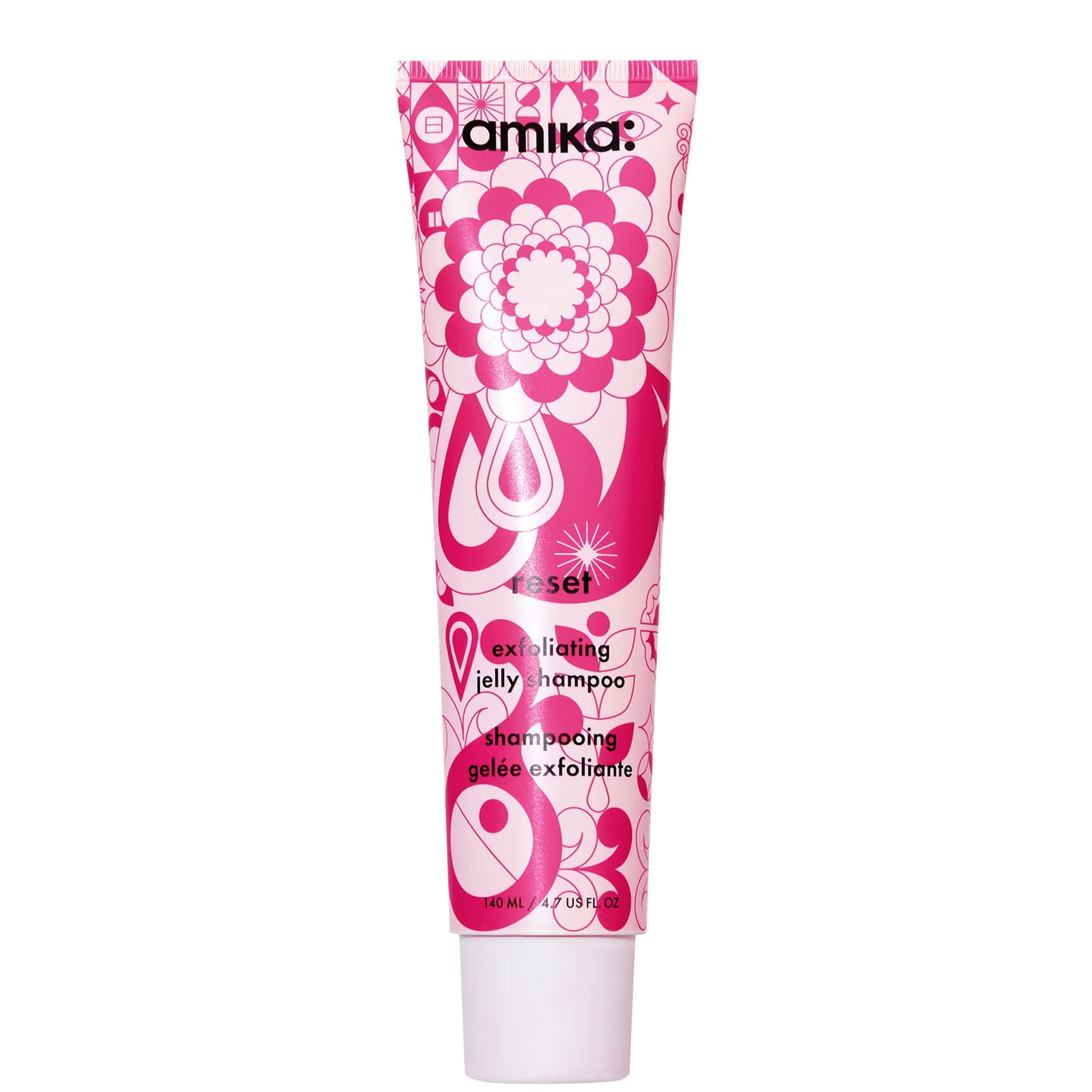 Amika Reset Exfoliating Jelly Shampoo 140ml pink patterned tube with targeted scalp applicator on a white background.