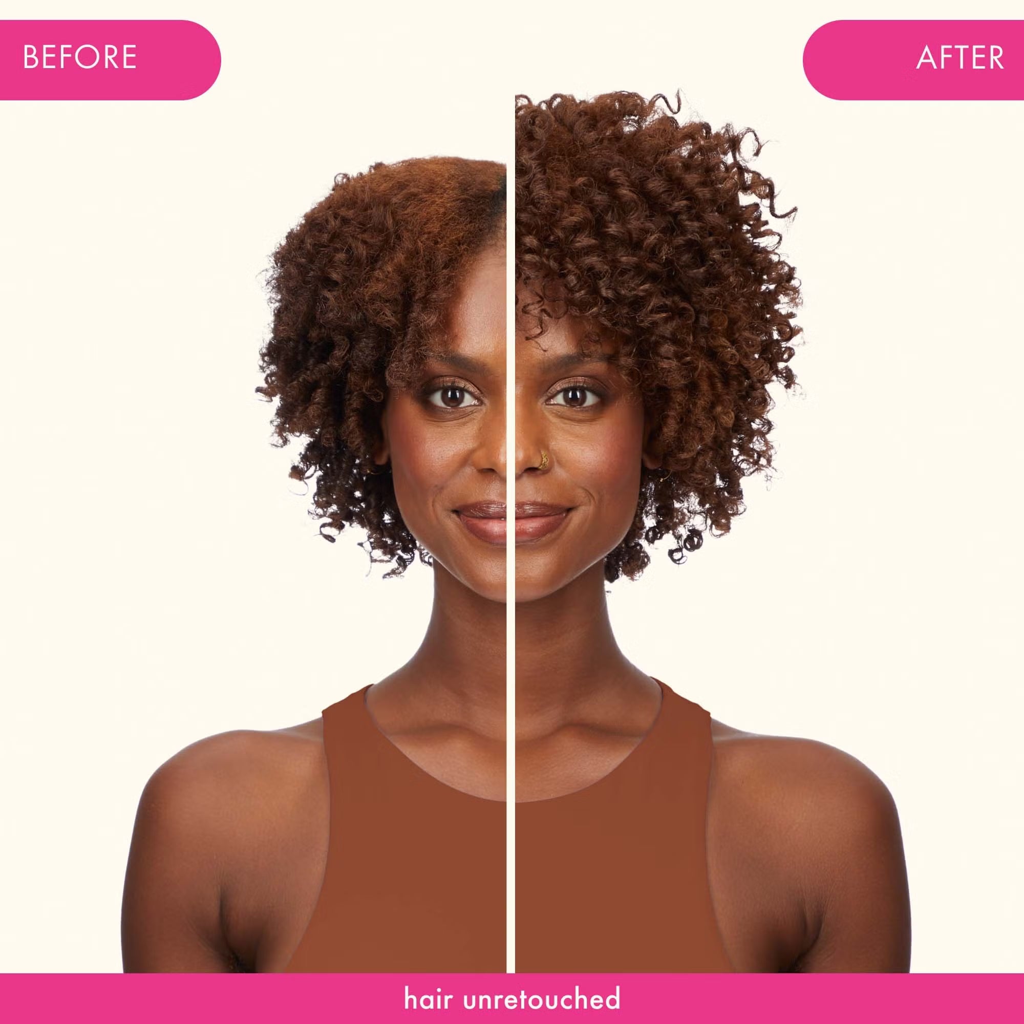 Unretouched before-and-after curly hair results demonstrating the cleansing effects of Amika Reset Exfoliating Jelly Shampoo.