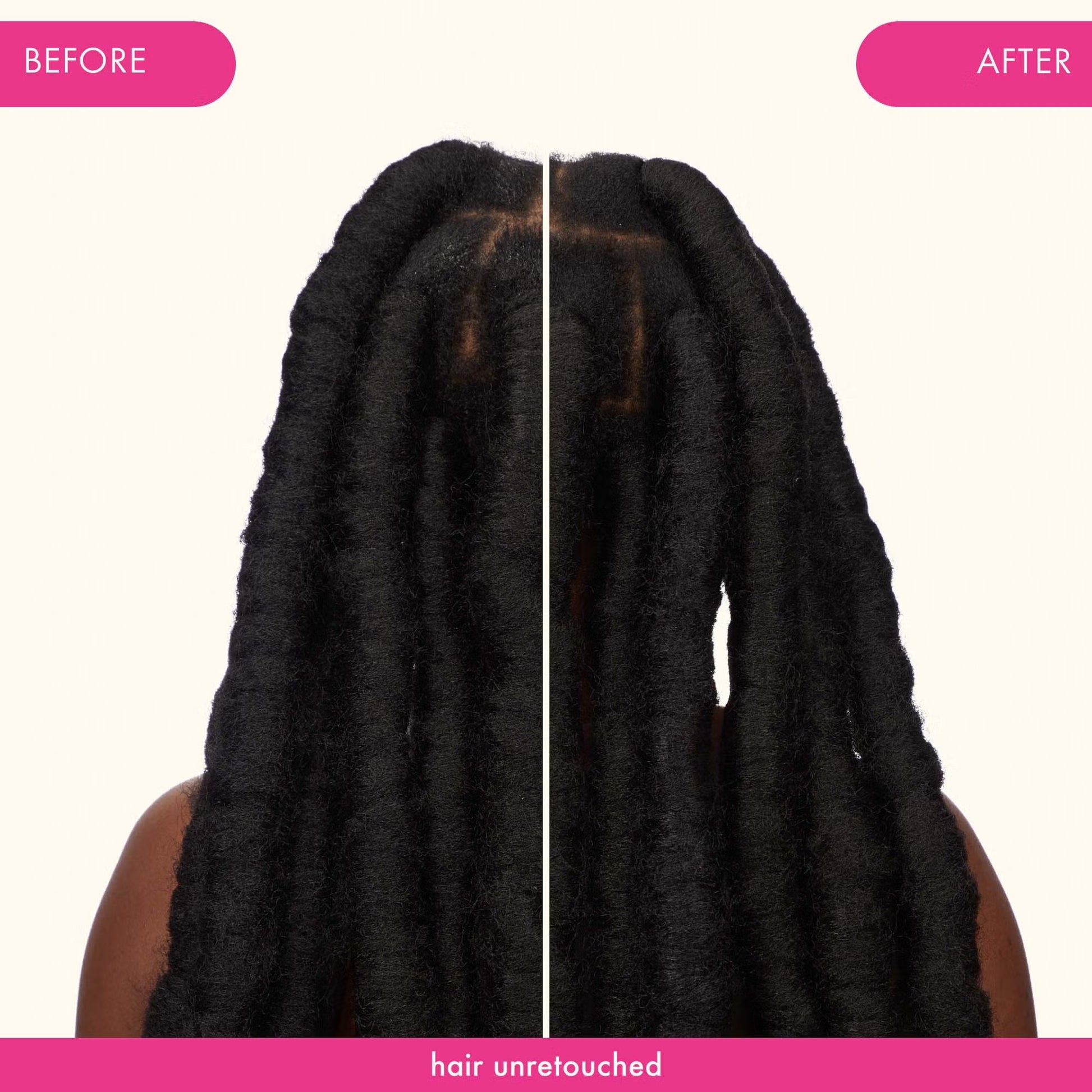 Unretouched before-and-after scalp and loc results following use of Amika Reset Exfoliating Jelly Shampoo.