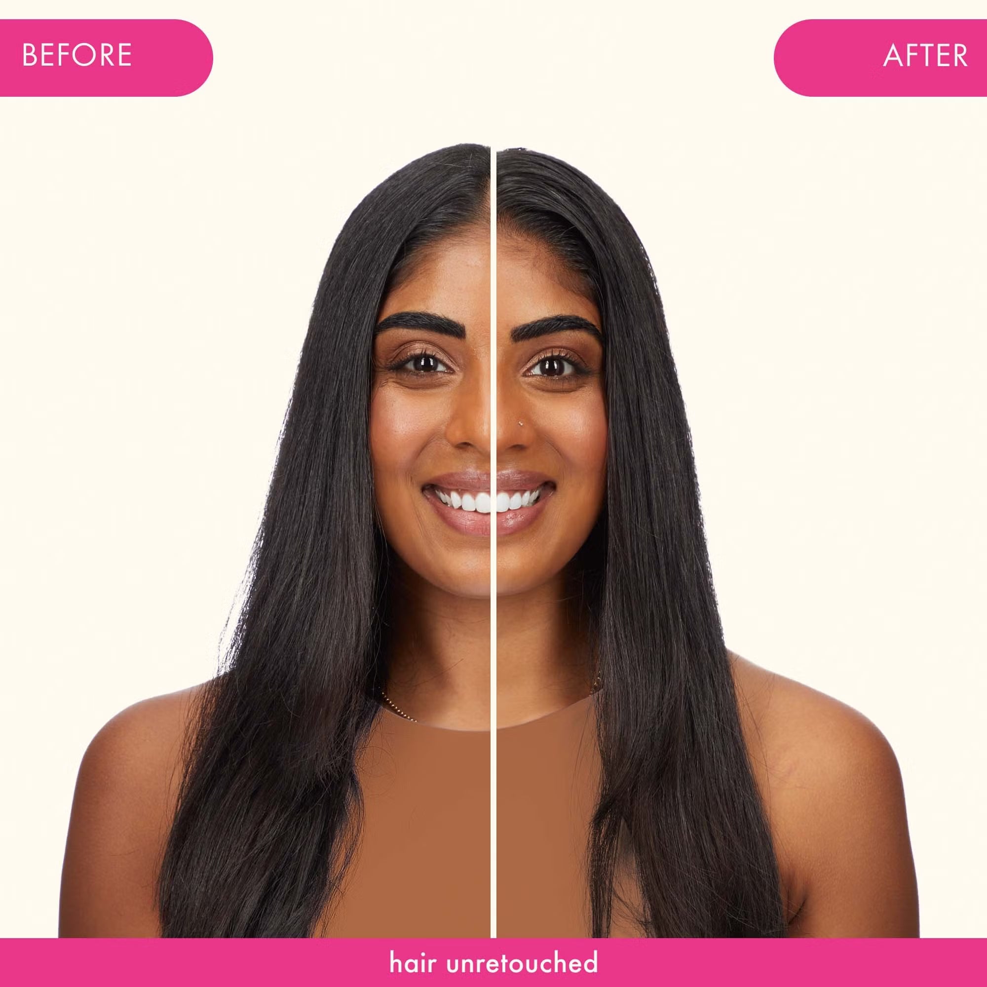 Unretouched before-and-after results on long straight hair after cleansing with Amika Reset Exfoliating Jelly Shampoo.
