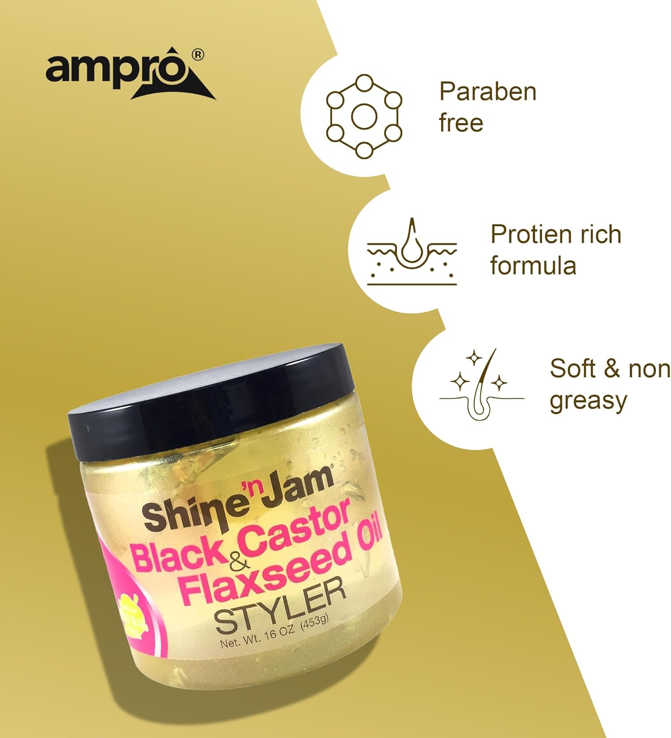 Ampro Shine ’n Jam Black Castor and Flaxseed Oil Styler 453g, featuring a paraben-free, protein-rich, soft and non-greasy hair styling formula