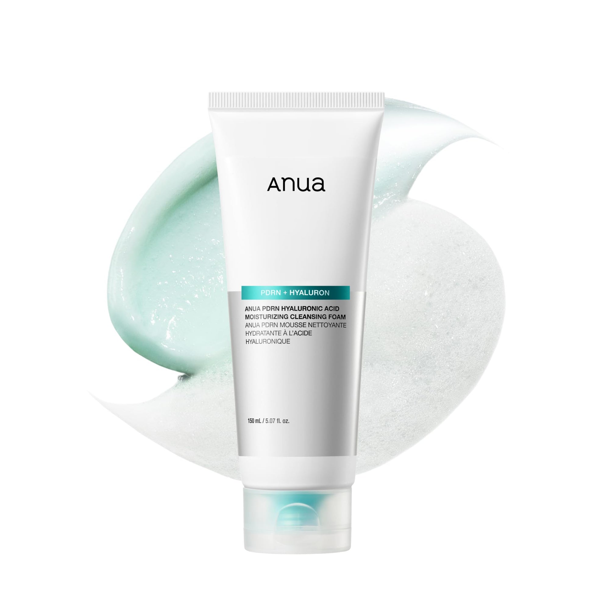 Anua PDRN Hyaluronic Acid Moisturizing Cleansing Foam 150ml tube on white background with product texture, colour and foam texture 
