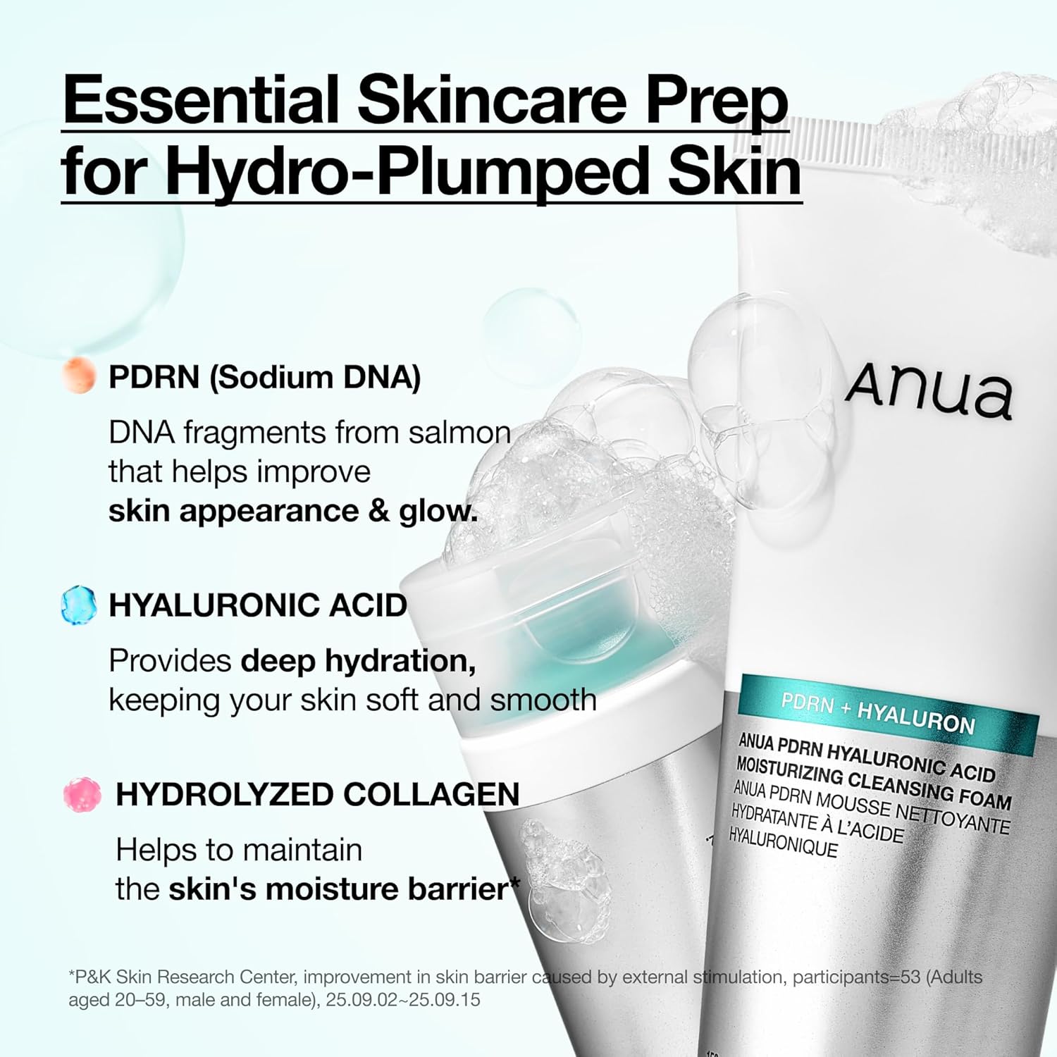 Anua PDRN Hyaluronic Acid Moisturizing Cleansing Foam 150ml key ingredients, pdrn, hyaluronic acid and hydrolyzed collagen 