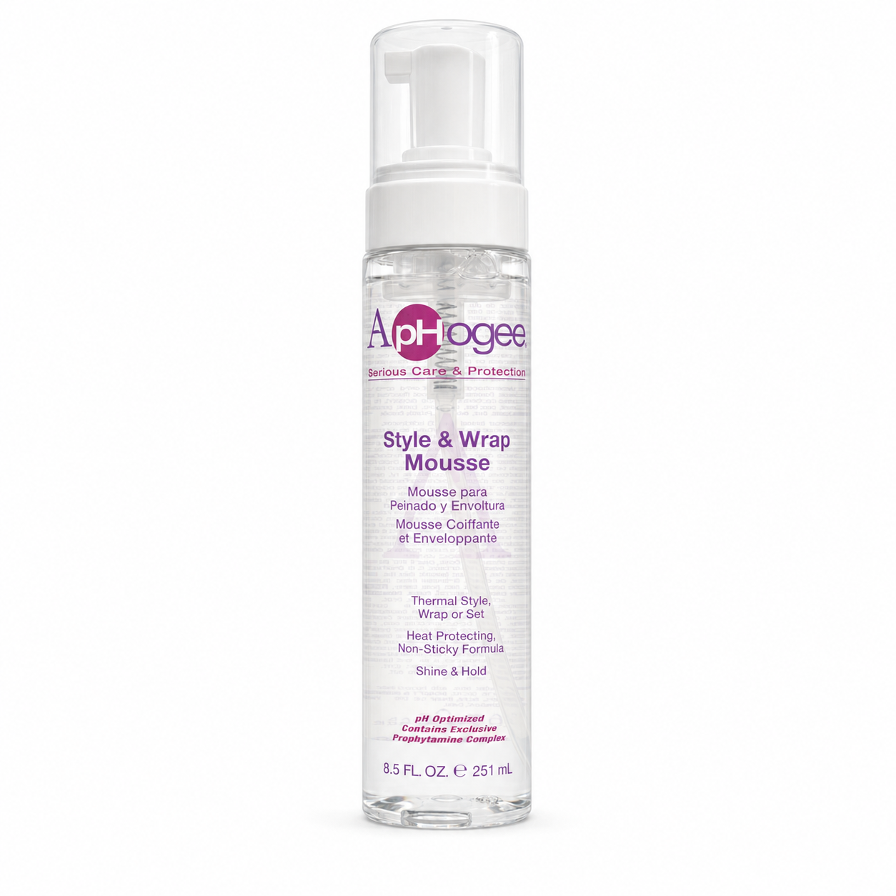 ApHogee Style & Wrap Mousse 8.5oz / 251ml in a clear pump bottle with a white foaming dispenser, displayed on a clean white background. Lightweight styling mousse for wrap sets, thermal styling and wet sets that provides heat protection, non-sticky hold and enhanced shine.