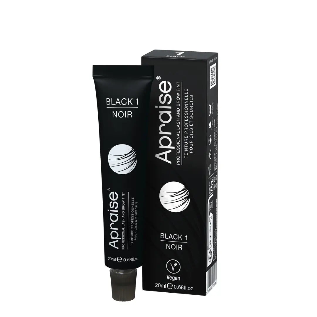 Apraise Professional Lash and Brow Tint Black 1, 20ml vegan eyebrow and eyelash tint tube with matching retail box for rich, long-lasting black lash and brow colour.