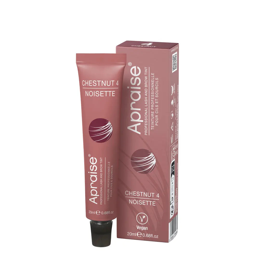 Apraise Professional Lash and Brow Tint Chestnut 4, 20ml vegan eyebrow and eyelash tint tube with matching retail box for warm chestnut-toned brows and lashes.