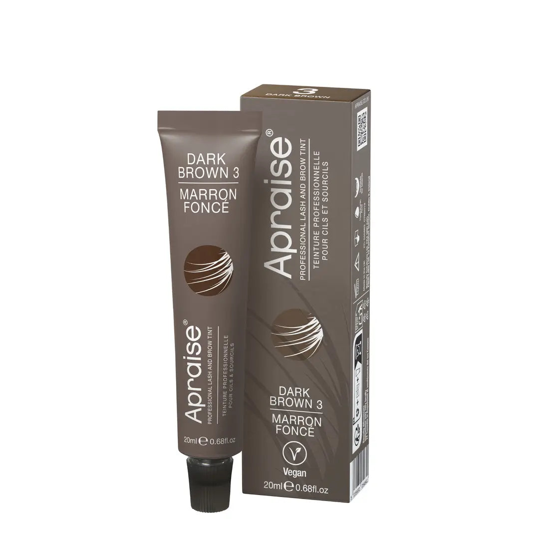 Apraise Professional Lash and Brow Tint Dark Brown 3, 20ml vegan eyebrow and eyelash tint tube with matching retail box for natural-looking, long-lasting dark brown brows and lashes.