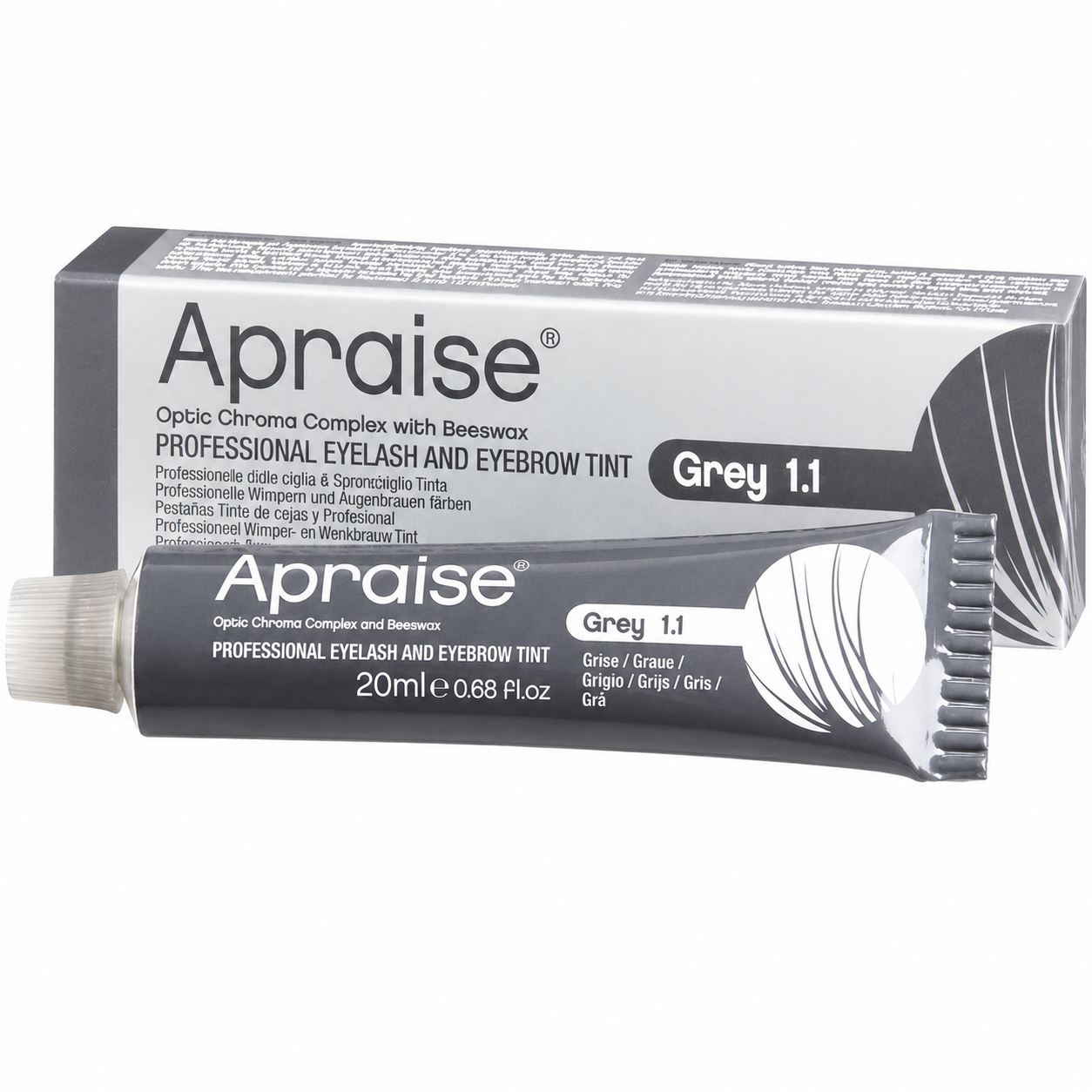 Apraise Professional Eyelash and Eyebrow Tint Grey 1.1, 20ml with Optic Chroma Complex and Beeswax, salon-quality grey tint for defining lashes and brows with tube and box.