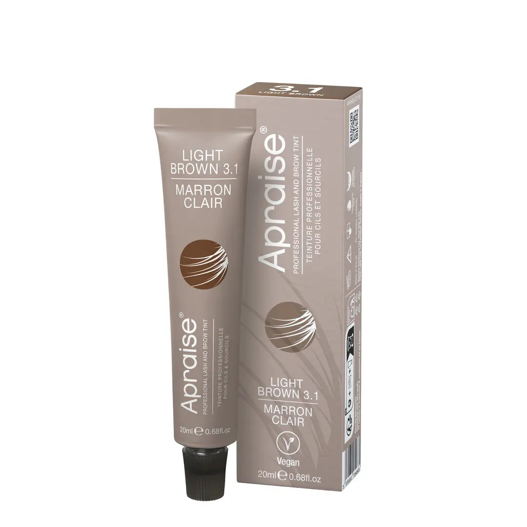 Aprise Professional Lash and Brow Tint Light Brown 3.1, 20ml vegan eyebrow and eyelash tint tube with matching retail box for long-lasting professional brow and lash colouring.