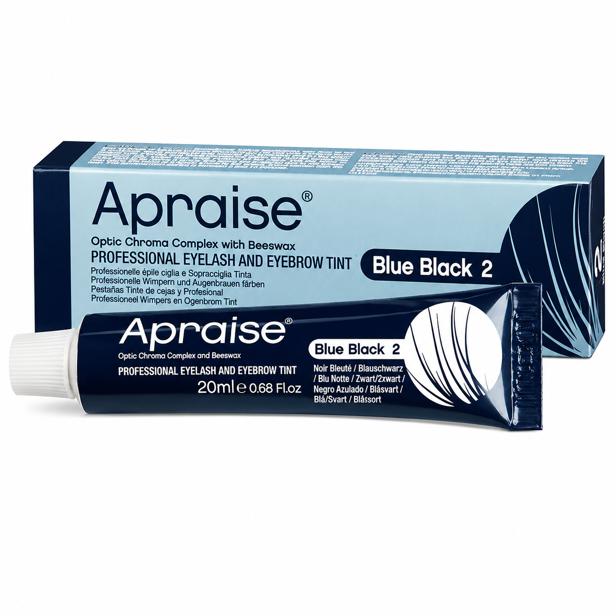 Apraise Professional Eyelash and Eyebrow Tint Blue Black 2, 20ml with Optic Chroma Complex and Beeswax, long-lasting salon-quality lash and brow tint with tube and box.