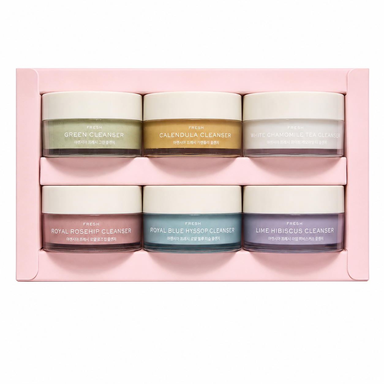 Close-up of the Arencia Fresh Cleanser Discovery Kit 15g - 6pc showing six mini Rice Mochi facial cleansers for dry, sensitive, oily and combination skin.
