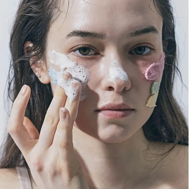 Model using the Arencia Fresh Cleanser Discovery Kit 15g - 6pc with colourful Rice Mochi Cleansers for gentle cleansing and wash-off mask skincare.