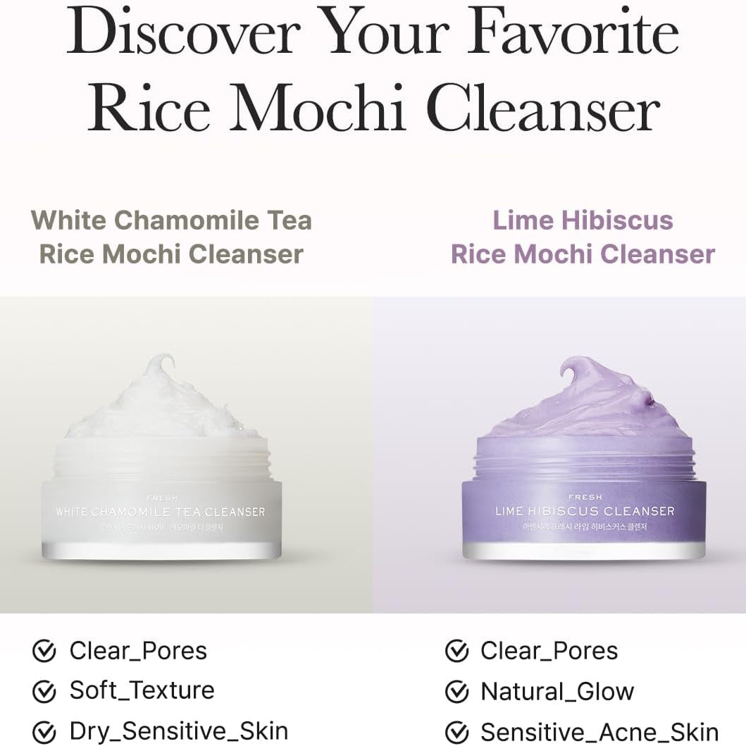 Arencia Fresh Cleanser Discovery Kit 15g - 6pc featuring White Chamomile Tea and Lime Hibiscus Rice Mochi Cleansers for dry, sensitive and acne-prone skin.
