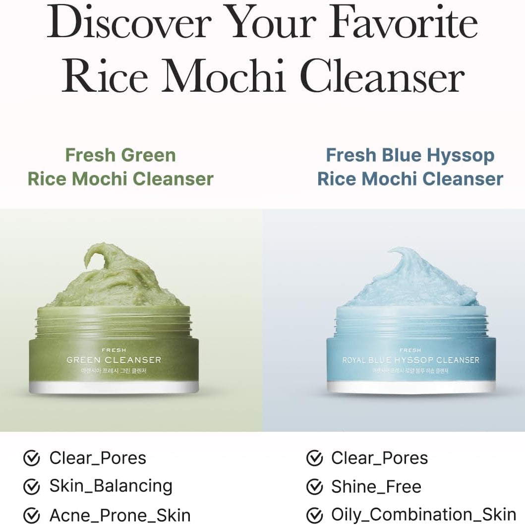 Arencia Fresh Cleanser Discovery Kit 15g - 6pc featuring Fresh Green and Royal Blue Hyssop Rice Mochi Cleansers for acne-prone, oily and combination skin.