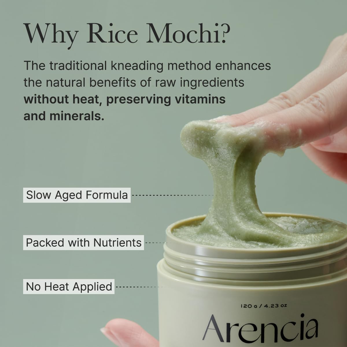 Arencia Fresh Cleanser Discovery Kit 15g - 6pc infographic explaining the Rice Mochi kneading process, preserving nutrients and vitamins with a slow-aged, no-heat formula for healthy skin.