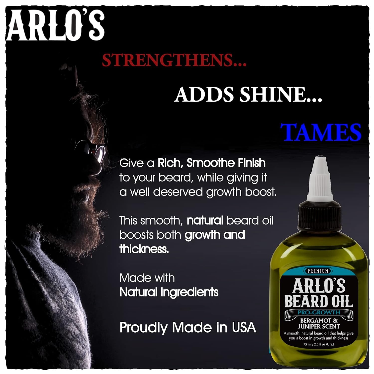 Arlo's Beard Oil Pro-Growth with bergamot and juniper scent, made in the USA with natural ingredients to strengthen, tame, add shine and promote thicker beard growth.