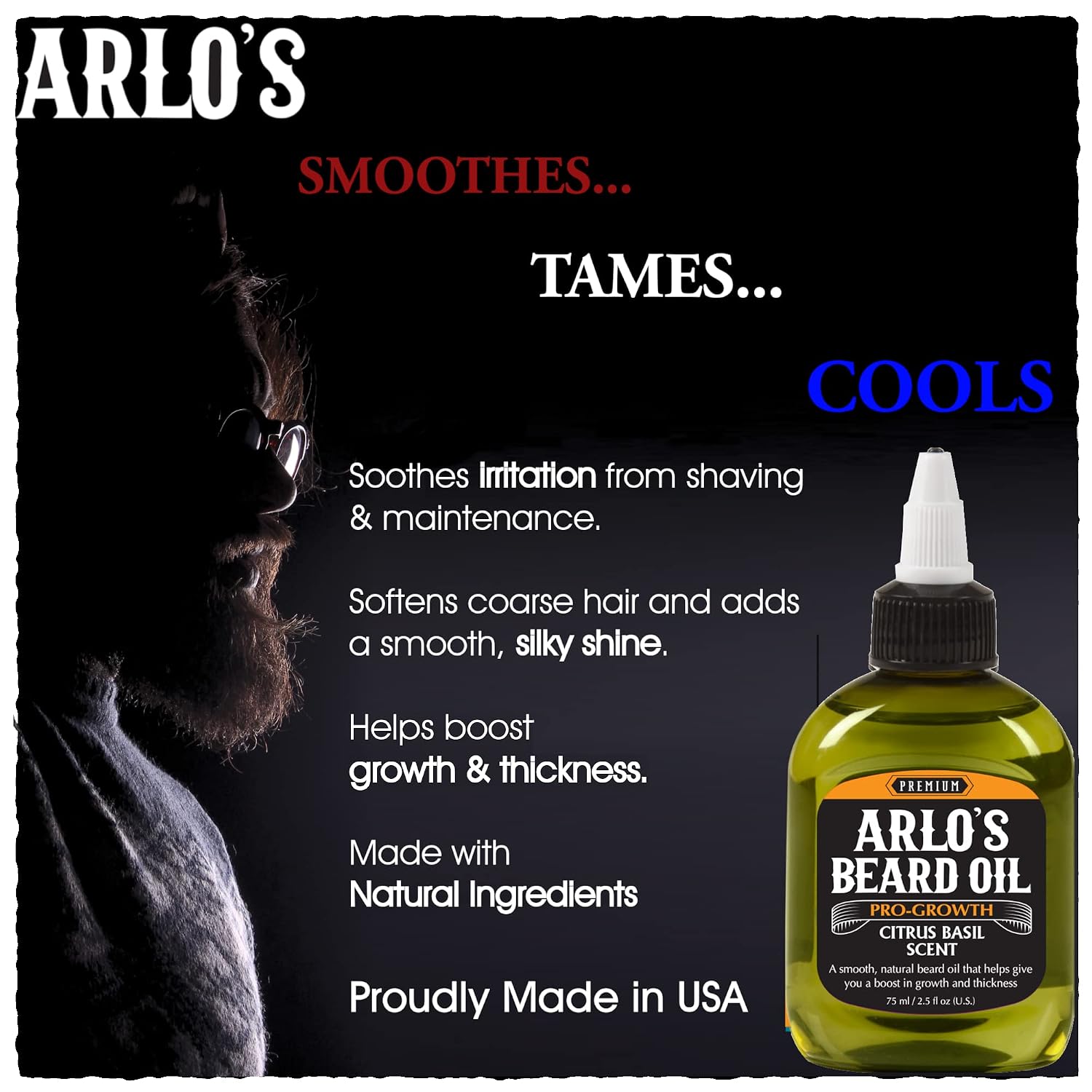 Arlo's Beard Oil - Pro-Growth Citrus Basil Scent 2.5oz promoting beard growth, soothing irritation, taming and softening facial hair.