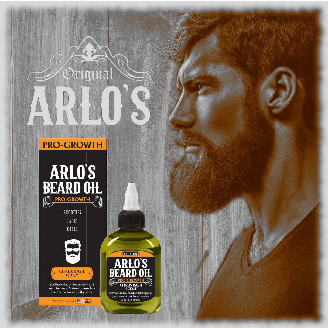 Arlo's Beard Oil - Pro-Growth Citrus Basil Scent 2.5oz lifestyle image featuring a bearded man with the 75ml beard oil and retail box, promoting beard growth, soothing post-shave irritation, softening coarse facial hair and adding a smooth, healthy shine.